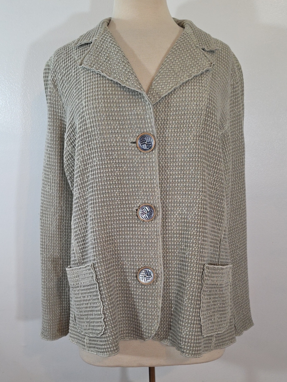 Focus Lagenlook Waffle Textured Button-Front Sage Green Cotton Jacket Large